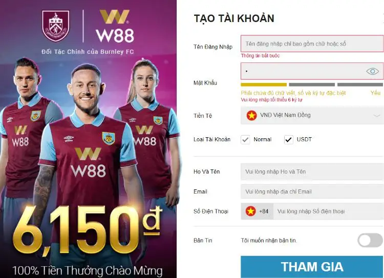 Giao diện đăng ký W88