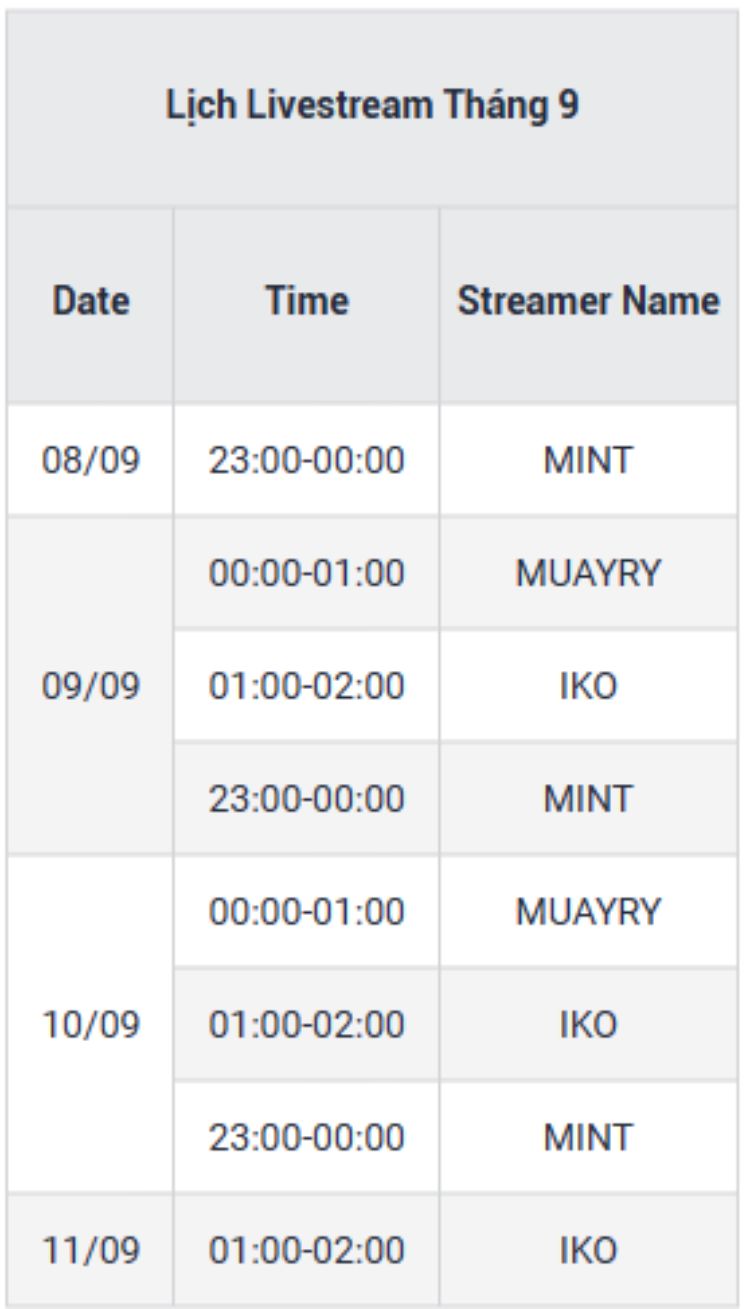 lịch livestream